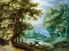Jan Brueghel the Elder, Forest Landscape with Ramblers, Oil on copper