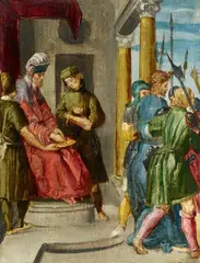 attributed to Jacob Pynas, Pilate Washing his Hands The Carrying of the Cross, Oil on panel. Each