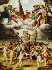 copy after Peter Candid, King David with Harp and Music playing Angels, Oil on copper