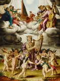 copy after Peter Candid, King David with Harp and Music playing Angels, Oil on copper