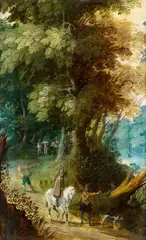 attributed to David Vinckboons, Forest Landscape with Travellers, Oil on panel