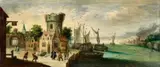 attributed to Abraham de Verwer, A Panoramic Harbour Scene, Oil on panel (parquetted)