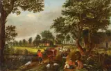 Mattheus Molanus, Village Scene with a Donkey Driver, Oil on panel