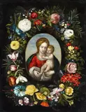 attributed to Jan Brueghel the Younger, A Flower Garland with Madonna and Child in a Medaillon, Oil on copper