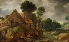 Gillis Peeters, Landscape with a Farm Landscape with Hunters, Oil on panel. Each