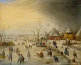 Winter Landscape with Ice Skaters by follower of Hendrick Avercamp, Oil on panel (parquetted), sold May 2016