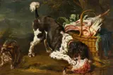 Paul de Vos, Dog and Cat at a Basket with Meat, Asparagus and Artichoke, Oil on oak panel (parquetted)
