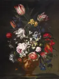 Francesco Caldei called Mantovano, Flowers in an antiquelike Relief Vase, Oil on canvas (relined)