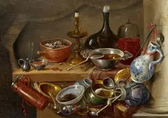 Still Life with Kitchenwares, a Candle and a Bottle by Jan van Kessel the Elder, Oil on copper, sold May 2016