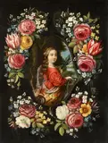 Jan van Kessel the Elder and studio, Flowers before a Stone Relief of Saint Martha of Bethany, Oil on copper, mounted on panel
