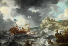 attributed to Jan Peeters, Ships in Stormy Seas by a Rocky Coastline, Oil on canvas (relined)