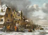 Winter Landscape with Peasants and Ice Skaters by a Tavern by Klaes (Nicolaes) Molenaer, Oil on canvas (relined), offered May 2016