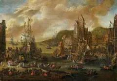 Pieter Casteels, Two Fanciful Harbour Scenes, Oil on canvas (relined). Each