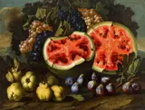 Monogrammist F. A., Still Life with Apples, Plums and Melon, Oil on canvas (relined)