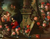 Floral Still Life with an Annunciation Scene by Flemish School of the late 17th century, Oil on canvas (relined), offered May 2016