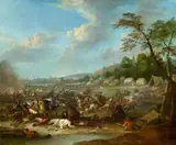 called Le Chevalier Karel Breydel, An Encampment and Cavalry Battle before a Town, Oil on copper
