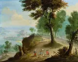 Jan Frans van Bredael, Wooded Landscape with Figures and a River, Oil on copper