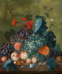 Jacob van Huysum, Fruit Still Life with Melon, Grapes, Plums and Hazelnuts, Oil on panel