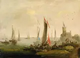 Norbert Grund, Sailing Ships Landing beneath a Fortress, Oil on panel