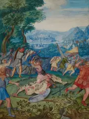 German School circa 1600, David beheading Goliath, Gouache on parchment, highlighted with gold and silver pigment