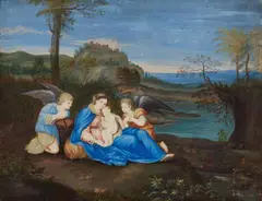 Flemish School circa 1600, The Virgin and Child with Two Angels in a Landscape, Gouache on paper, mounted on panel