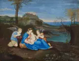 Flemish School circa 1600, The Virgin and Child with Two Angels in a Landscape, Gouache on paper, mounted on panel