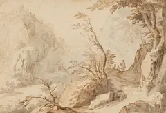 Paul Bril, A Castle in a Mountainous Landscape, Brown pen, brown and grey ink, mounted to the mat