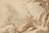 Paul Bril, A Castle in a Mountainous Landscape, Brown pen, brown and grey ink, mounted to the mat
