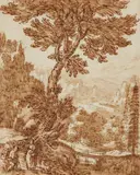 Tobias Verhaecht, Mountainous Landscape with a Bridge and Shepherds, Pen and brown ink