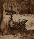 circle of Lambert Doomer, Back view of a Man in a tall Hat drawing by a Pond, Pen and brown ink