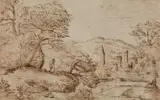 Hilly River Landscape with a Rambler and a Town by Bolognese School of the 17th century, Pen and brown ink, offered May 2016