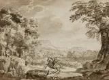 Claude Gellée, called Lorrain, circle of, Landscape with Saint George, Pen and brown ink on textured paper