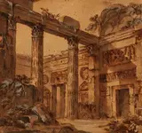 Architectural Capriccio by Charles-Louis Clérisseau, Brown pen, brown and grey ink on paper, mounted on laid paper, sold May 2016