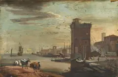 Marco Ricci, Travellers by a Mediterranean Harbour A Southern Veduta with a River, Gouache on paper, mounted on panel