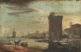 Marco Ricci, Travellers by a Mediterranean Harbour A Southern Veduta with a River