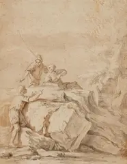 Joseph Vernet, Three Men Conversing by a Rock, Black chalk with brown and grey ink on paper, mounted to the mat