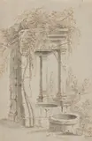 Johann Franciscus Ermels, An Overgrown Roman Well, Brown ink, grey was