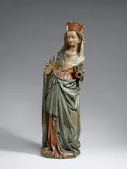 Hans Strigel the Elder, A limewood figure of the Virgin by Hans Strigel the Elder, Carved three-quarters in the round, the reverse flattened and deeply hollowed out. With presumably original, partially overpainted polychromy. The Virgin originally must have held the infant Christ over Her hip. The harmonious curving pose of this sculpture is reminiscent of the Madonnas of the international Gothic style of the early 15th century. The work is attributed to the painter and sculptor Hans Strigel the Elder from Memmingen in Upper Swabia, due to its similarity to the Zell altarpiece, which is signed by the artist and dated 1442. This depiction of the Virgin and the following figure a female saint originate from Deuchelried near Wangen and entered the collection of Ludwig Diehl in the early 20th century. Diehl was particularly concerned with revealing and preserving the original polychromy of the sculptures he collected. The formerly pegged left hand lacking. Cracks around the plinth, a vertical crack to the back of the veil. Wear with minor losses