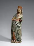 Hans Strigel the Elder, A limewood figure of the Virgin by Hans Strigel the Elder, Carved three-quarters in the round, the reverse flattened and deeply hollowed out. With presumably original, partially overpainted polychromy. The Virgin originally must have held the infant Christ over Her hip. The harmonious curving pose of this sculpture is reminiscent of the Madonnas of the international Gothic style of the early 15th century. The work is attributed to the painter and sculptor Hans Strigel the Elder from Memmingen in Upper Swabia, due to its similarity to the Zell altarpiece, which is signed by the artist and dated 1442. This depiction of the Virgin and the following figure a female saint originate from Deuchelried near Wangen and entered the collection of Ludwig Diehl in the early 20th century. Diehl was particularly concerned with revealing and preserving the original polychromy of the sculptures he collected. The formerly pegged left hand lacking. Cracks around the plinth, a vertical crack to the back of the veil. Wear with minor losses