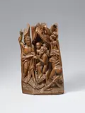 Flemish 1st quarter 16th century, A Flemish carved wood group of the harrowing of hell, first quarter 16th century, Partially freestanding, the reverse flattened. Minimal remains of former polychromy. Christ is shown in the underworld, leading the souls of the dead out of the gaping mouth of hell, which is watched over by a demon and a grotesque hound. The side of the sculpture is slightly flattened, indicating that it originally formed part of an altarpiece. Minimal vertical cracks. Christ's right forearm replaced. Wear with minor losses