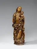 Nuremberg circa 1520 & 1525, A Nuremberg carved wooden figure of the Virgin and Child, circa 1520/1525., Probably limewood, carved three-quarters in the round, the reverse flattened and deeply hollowed out. Minimal remains of former polychromy.. A figure of the Virgin holding the Christ Child in Her left arm, designed for a frontal viewpoint. She stands with Her left foot extended and placed upon the crescent moon, Her extended right hand is visibly reattched or possibly replaced. The sculpture's composition presents a slightly simplified version of the general scheme of Veit Stoss' Nuremberg works (for example the "Hausmadonna aus der Wunderburggasse" of 1520 kept in the Germanisches Nationalmuseum in Nuremberg) and those of his pupils (for example the "Madonna des Marienkrönungsaltars aus Heilbronn" around 1520/25, ibid). A further indicator of this connection is the "FVS" monogram (with a double-barred cross above the V) which was probably carved later into the right side of the Virgin's gown to indicate Veit Stoss. The Virgin's midsection with the fanning pleats separately worked. A small breakage to the rounded fold in the lower right with an older backing. Minor wear. With slightly glossy lacquer varnish throughout