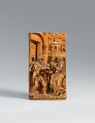 Probably Flemish dated 1645, A probably Flemish carved boxwood relief of Lot and the Angel, dated 1645, With remains of presumably original former polychromy to the left side. This high relief is dated 1645 to the lower left corner. The composition closely follows that of Heinrich Aldegrever's engraving from 1555 (Bartsch 14). Supported on a flat, wooden panel. Minimal wear