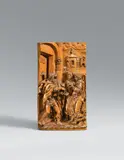 Probably Flemish dated 1645, A probably Flemish carved boxwood relief of Lot and the Angel, dated 1645, With remains of presumably original former polychromy to the left side. This high relief is dated 1645 to the lower left corner. The composition closely follows that of Heinrich Aldegrever's engraving from 1555 (Bartsch 14). Supported on a flat, wooden panel. Minimal wear