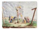 Abraham Helmhack, A finely painted faience plaque depicting the crucifixion, With a possible dedication in ink to the reverse "Dresde, 10 Aout 1878..." and inventory no. 769. Rim chips. H 18.3, W
