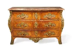 Pierre Roussel, A French Louis XV ormolu-mounted palisander chest of drawers, With a red marble top and five drawers. The estampille indistinctly struck. Older restorations, losses to the veneer, the marble restored. H 86, W