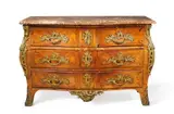 Pierre Roussel, A French Louis XV ormolu-mounted palisander chest of drawers, With a red marble top and five drawers. The estampille indistinctly struck. Older restorations, losses to the veneer, the marble restored. H 86, W