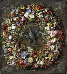 Ernst Sager, Floral Wreath with Strelitzia Flowers and the Prussian Eagle, Oil on canvas Signed and dated lower right: E. Sager fecit