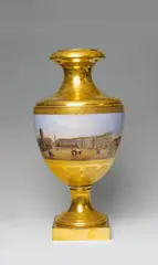 Königliche Porzellanmanufaktur Berlin Kpm, An ormolu mounted Berlin KPM porcelain vase with a view of the Lustgarten, Munich form vase no. 2 on a bronze plinth. Decorated with a panoramic view of the Berlin lustgarten with the neues museum, cathedral, palace and zeughaus reserved on a richly etched gilt ground. Blue sceptre mark, indistinct stamped mark, painter's mark. Minor flaking to the gilding of the shoulders. H