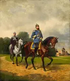Richard Schoenbeck, Emperor Frederick II and his Adjutant Colonel Julius von Sommerfeld before the Neue Palais in Potsdam, Oil on canvas Signed and dated lower right: R. Schoenbeck