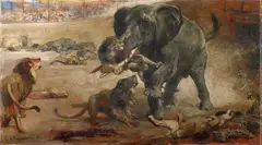 Paul Friedrich Meyerheim, Arena with Elephants, Lions and Leopards, Oil on panel Signed lower left: Paul Meyerheim.